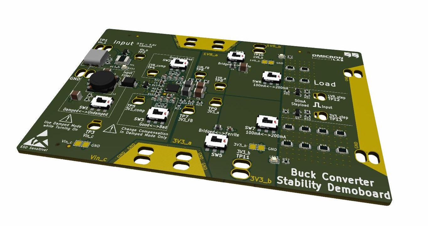 Electronic circuit board labeled 'Buck Converter Stability Demo Board' on a white background